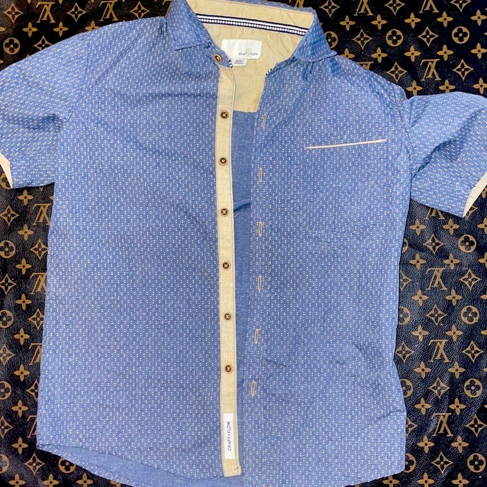 Craft & flow Big boy sauce eight small blue and gold button down shirt short